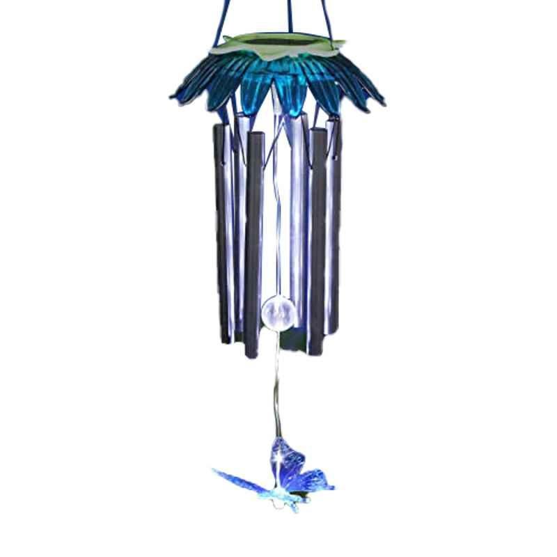 Exhart ‎19942-RS Blue & White Solar Flower Wind Chime with Hummingbird, ‎6.88x‎6.88x24.8 inch