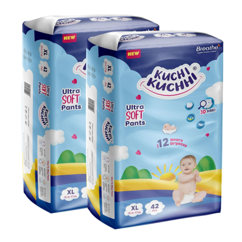 Kuchi Kuchhi 42 Pcs 12-17kg White Extra Large Ultra Soft Baby Diaper Pant with 3D Bubble Top, KK_XL42X2 (Pack of 2)