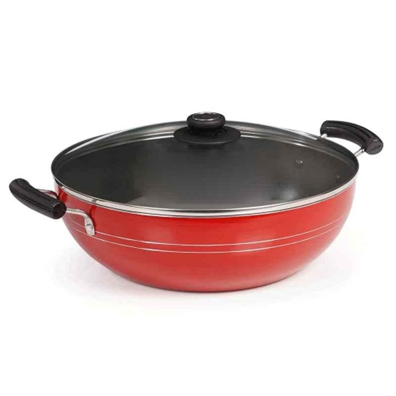 Blueberry's 28cm Black & Red Nonstick Induction Base Kadhai with Glass Lid