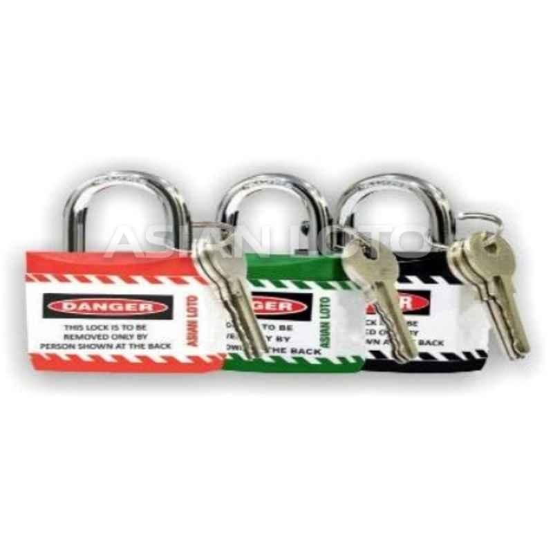 Asian Loto 3 Pcs Metal & Plastic Red, Green & Black Regular Shackle Jacket Padlock Set with 3 Keys, ALC-LPR