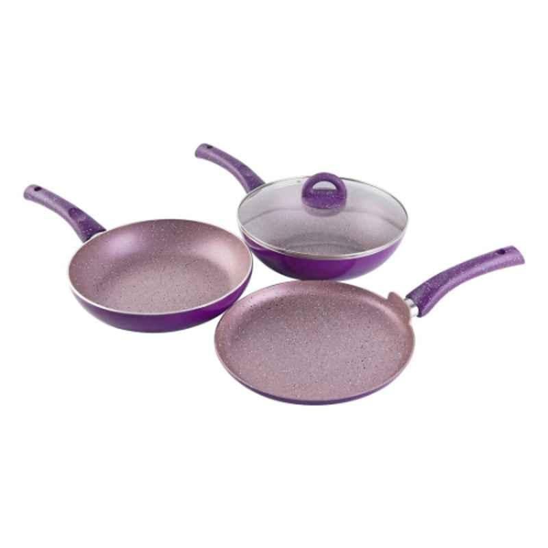Wonderchef 3 Pcs Granite Purple Aluminium Nonstick Induction Bottom Cookware Set, 63153525