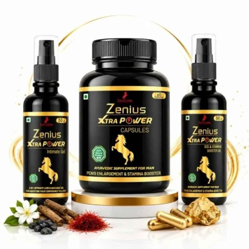 Zenius India Xtra Power 60 Pcs Capsule, 50ml Gel & Oil Kit with Asparagus Adscendens, Crocus Sativus, Vinola, Shilajit & Wintergreen Oil for Supports Reproductive Health
