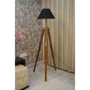 Tucasa Mango Wood Brown Tripod Floor Lamp with Polycotton Black Shade, P-91