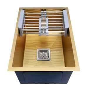 Happy Homes 24x18x10 inch Gold Matt Satin Finish Stainless Steel Single Bowl Modular Kitchen Sink with Square Coupling & Metal Fruit Basket, HH-21