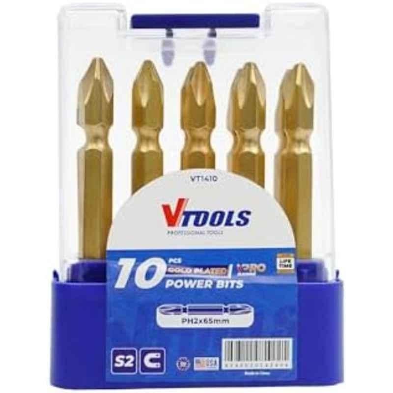 VTOOLS 10 Pcs 2/5 inch PH2 Steel Gold Magnetic Screwdriver Bits Set with Case, VT1410