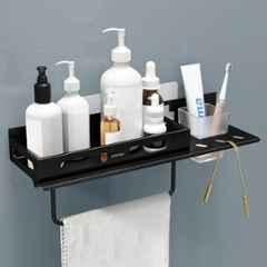 Plantex No Drill Bathroom Organizer/3-in-1 Stainless Steel Shelf for Wall with Foldable Napkin Holder and Tumbler Holder/Self Adhesive Bathroom Shelf -Black-15 inch