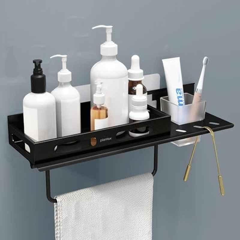 Plantex No Drill Bathroom Organizer/3-in-1 Stainless Steel Shelf for Wall with Foldable Napkin Holder and Tumbler Holder/Self Adhesive Bathroom Shelf -Black-15 inch