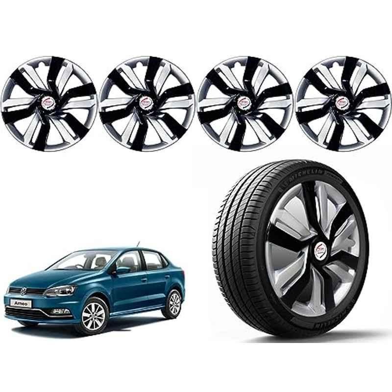 Auto Pearl 4 Pcs 14 inch Polypropylene Black & Silver Press Type Car Wheel Cover Set with Retention Ring for Volkswagen Ameo, 14WC_Idtec_Rev_Ameo