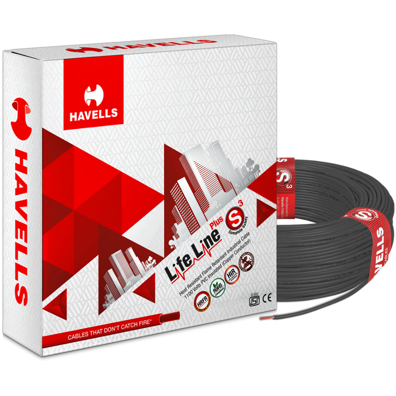 Havells 4 Sqmm Black Life Line Plus Single Core HRFR PVC Insulated Flexible Cables, WHFFDNKA14X0, Length: 90 m