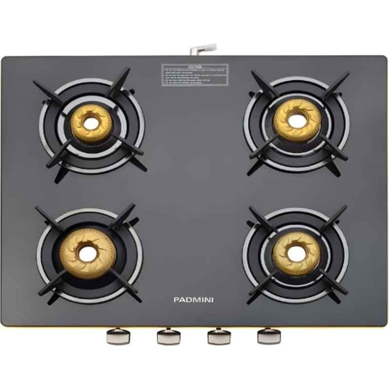 Padmini 4 Burner Stainless Steel Black Automatic Ignition Glass Top Gas Stove, 4 GT Gold Auto