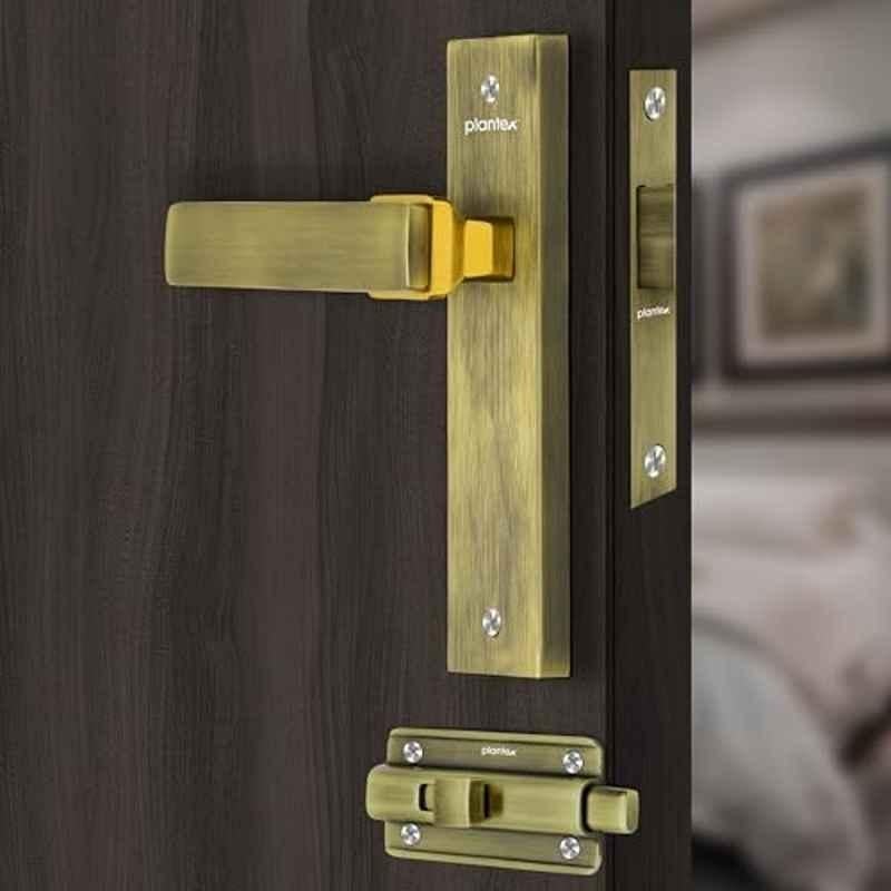 Plantex Heavy Duty Door Lock Bathroom Door Lock/Mortise 8inch Keyless Plate Handle Set for Home/Bathroom/Store Room/Balcony/Office with Baby Latch 8116, Antique Brass & PVD Gold