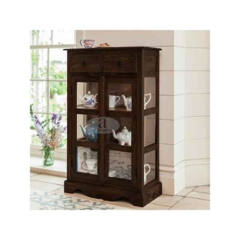 Angel Furniture Solid Sheesham Wood Glossy Finish Dark Brown Tallboy Kitchen Crockery Cabinet, AF-173W
