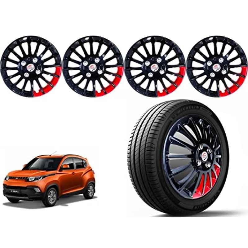 Auto Pearl 4 Pcs 14 inch Polypropylene Black & Red Press Type Car Wheel Cover Set with Retention Ring for Mahindra KUV 100 2016