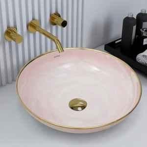 Plantex Wash Basin/Ceramic Table Top Wash Basin/Designer Countertop Basin for Bathroom/Restaurants/Hotel (Pink & Gold-16.5x16.5x4 Inch)