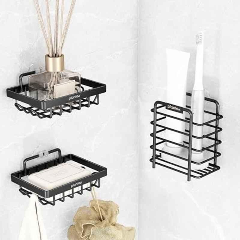 Plantex GI Steel Bathroom Accessories/Soap Dish for Bathroom/Tumbler Holder/Soap Stand/Case for Wall Black Set