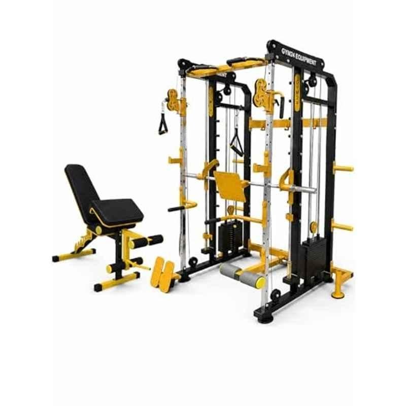 GYM24 Equipment 80kg Capacity Iron Black & Yellow All in One Multi Functional Trainer Smith Machine with Versatile 7 in 1 Adjustable Bench