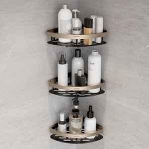 Plantex Self Adhesive Corner Shelf for Bathroom Wall/Aluminium & Stainless Steel Corner Rack/Storage Organizer/Bathroom Accessories Set- (Pack of 3) 8x8 inch, Satin & Black