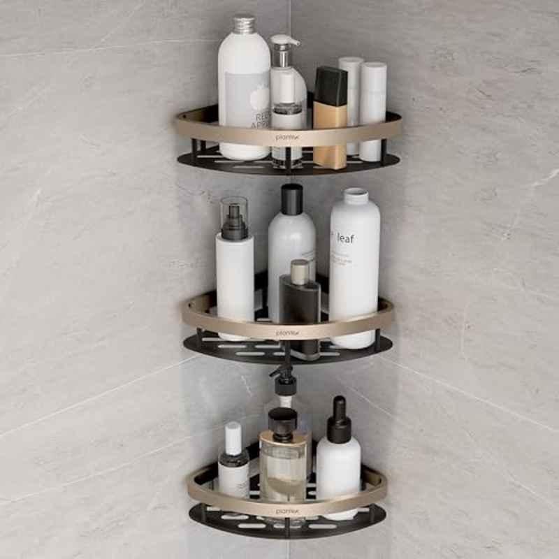 Plantex Self Adhesive Corner Shelf for Bathroom Wall/Aluminium & Stainless Steel Corner Rack/Storage Organizer/Bathroom Accessories Set- (Pack of 3) 8x8 inch, Satin & Black