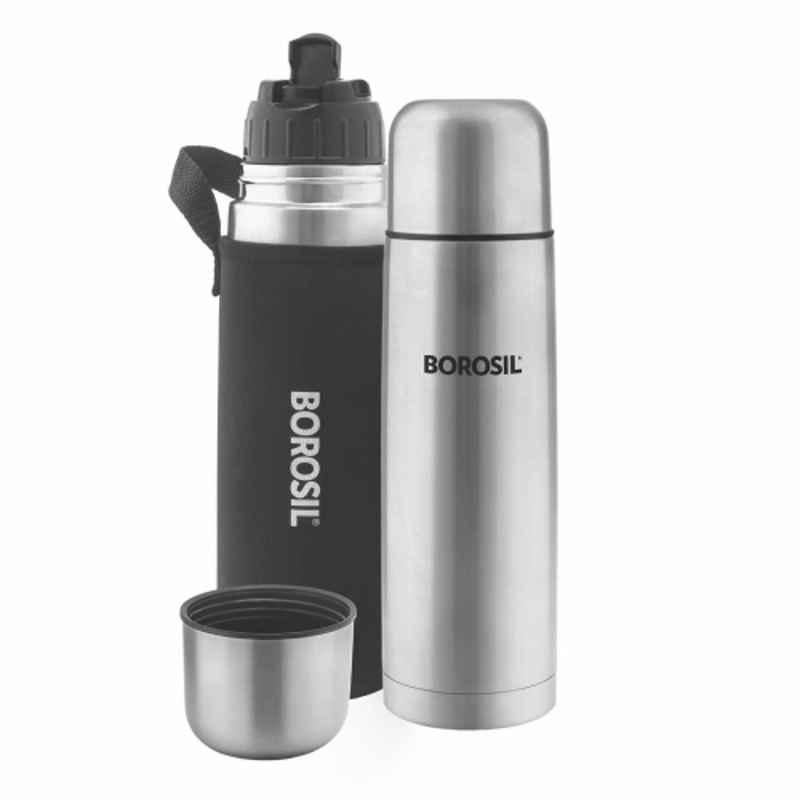 Borosil Thermo 1 Litre Stainless Steel Silver & Black Flip Type Flask, FGFTL1000OR