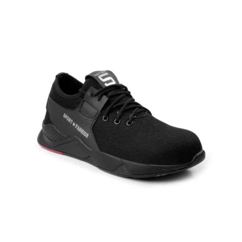 Woakers Leather Black Steel Toe Anti Skid Safety Shoes for Men, WKS-BLKFSHN, Size: 6