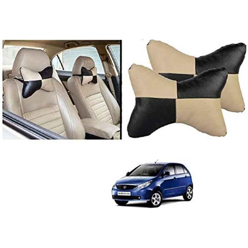 Kozdiko 2 Pcs Black & Beige Car Square Chess Design Neck Rest Seat Pillow Set for Tata Indica Vista