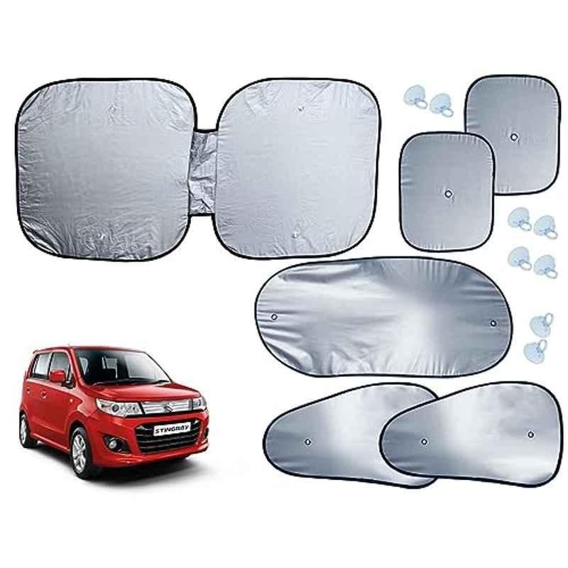 Auto Pearl 6 Pcs Polyester Black & Silver Window, Front & Rear Sun Shade Set for Maruti Suzuki WagonR Stingray 2013-2017