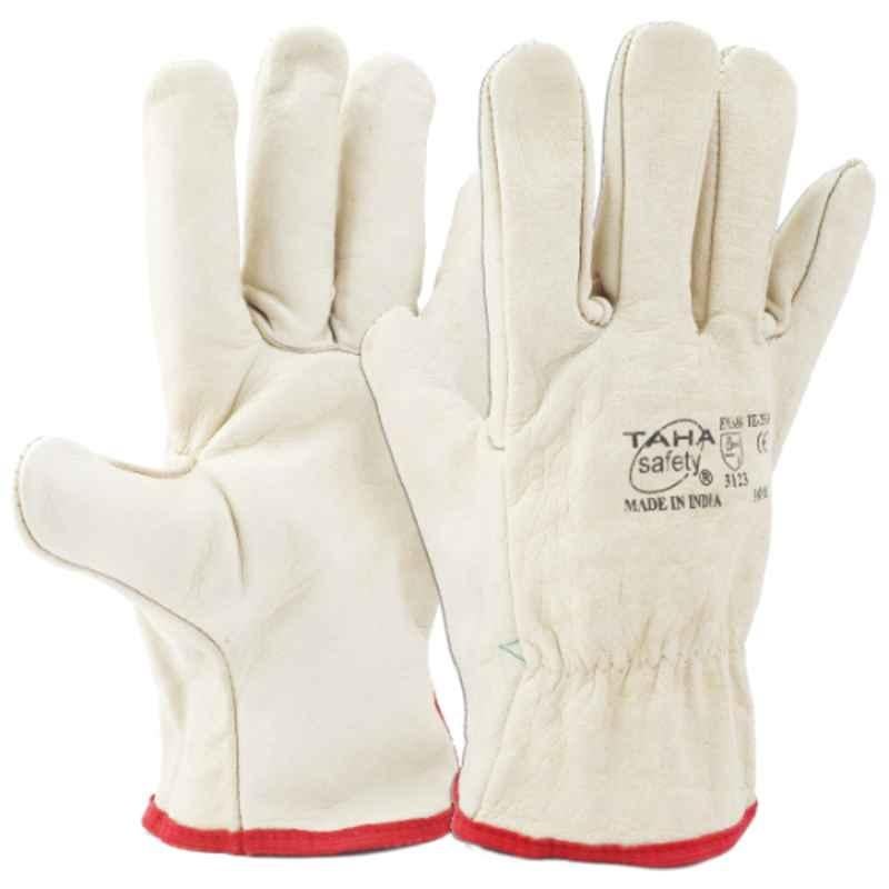 Taha LG Driver TE 253R Grain Leather Natural White Safety Gloves, Size: XL