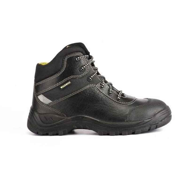 Wild Bull WB-ProtectorPlus Leather High Ankle Steel Toe Black Work Safety Shoes, Size: 10