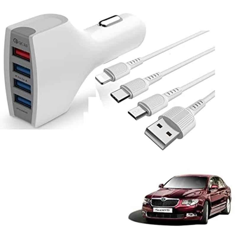 Kozdiko 4 Port USB Car Charger with 3 in 1 Cable for Skoda Superb