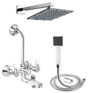 Gold Bell Prime Brass Silver Chrome Finish 3 in 1 Wall Mixer Set with 6x6 inch Over Shower & 15 inch Arm, BR3IN1G123