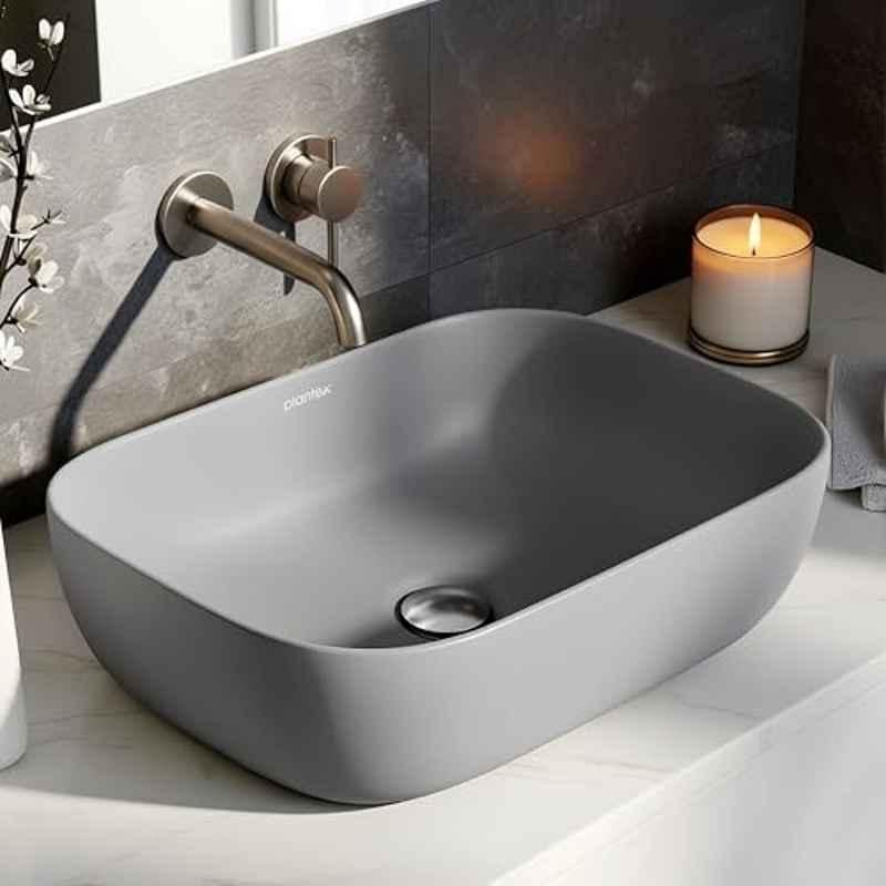 Plantex Alpha 18x13x5 inch Ceramic Matt Grey Tabletop Wash Basin for Bathroom