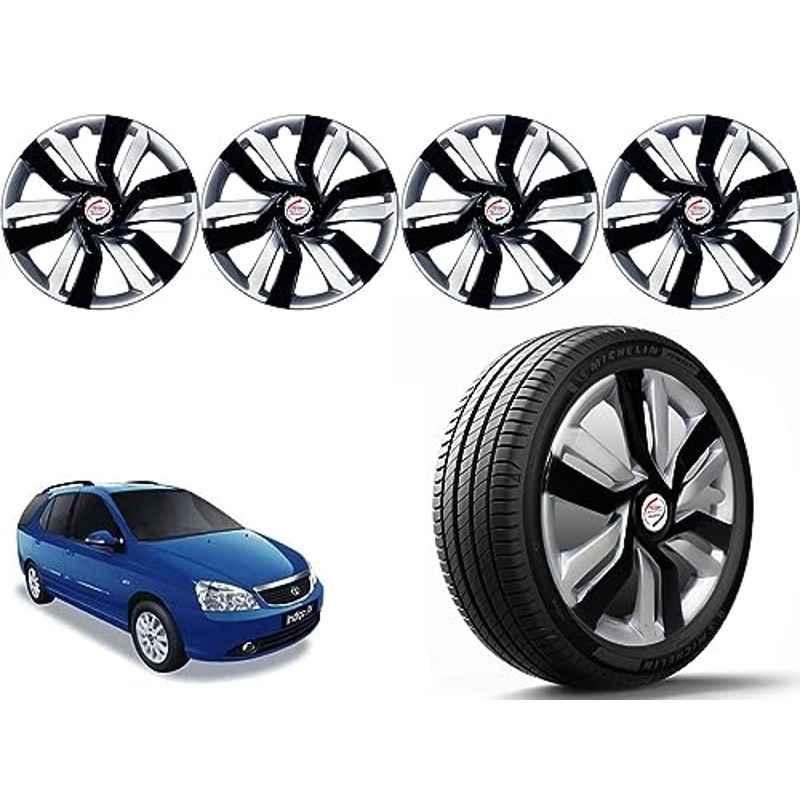 Auto Pearl 4 Pcs 14 inch Polypropylene Black & Silver Press Type Car Wheel Cover Set with Retention Ring for Tata Indigo Marina, 14WC_Idtec_Rev_IndigoMarina