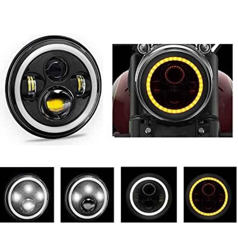 AOW 7 Inch 6 LED Headlight Dual Color DRL Ring Universal for All Royal Enfield Models, Mahindra Thar Jeep (White and Amber, Single Unit) H-3