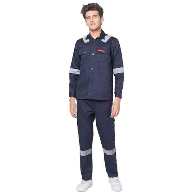 French Terrain 200 GSM 100% Cotton Navy Blue Industrial Work Wear Jacket & Pant Set with Reflective Tape for Men, Size: S (36 cm)