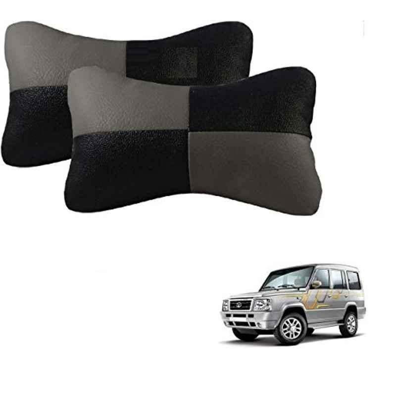 Kozdiko 2 Pcs Leather Grey & Black Neck Rest Car Cushion Pillow Set for Tata Sumo