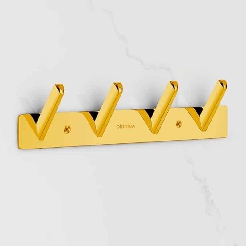Plantex Wall Hooks for Hanging Cloth/Stainless Steel Towel Hangers/Bathroom Robe Hooks/Door Hangers/Square Wall Hook/Hook Rail for Hanging Keys 4 Hooks, PVD Gold