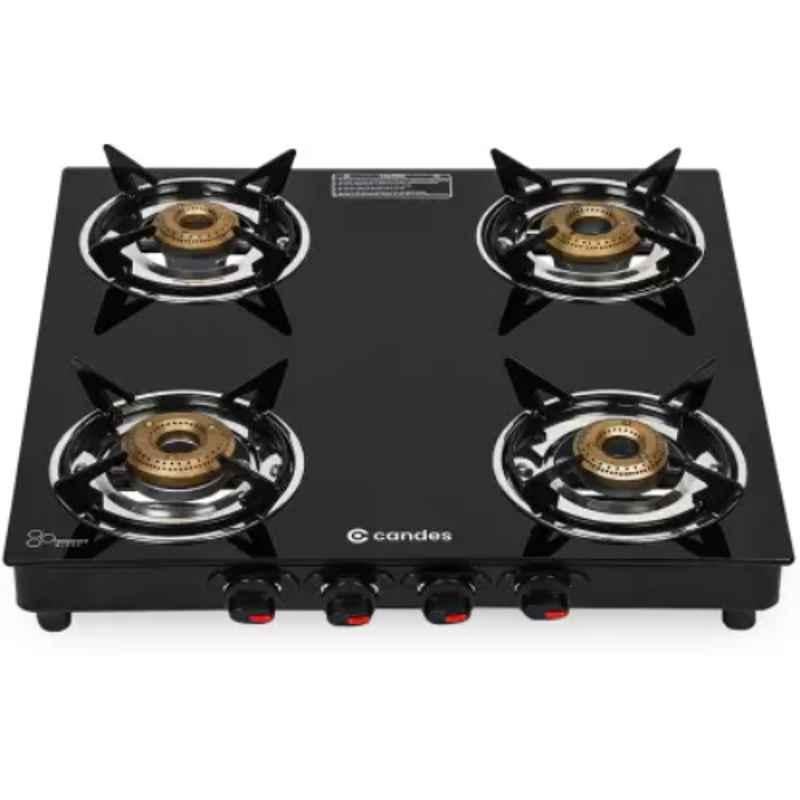 Candes Flame 4B 4 Burner Cast Iron Black Manual Ignition Glass Gas Stove, FLAME04CICA1CC