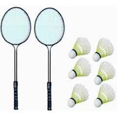 STYRKR Black 2 Pcs Badminton Racquet with 6 Pc Nylon Shuttle Badminton Kit