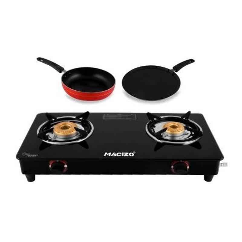Macizo Edge Glass 2 Burner Manual Gas Cooktop with Flat Tawa 200 & Fry Pan 215 Combo