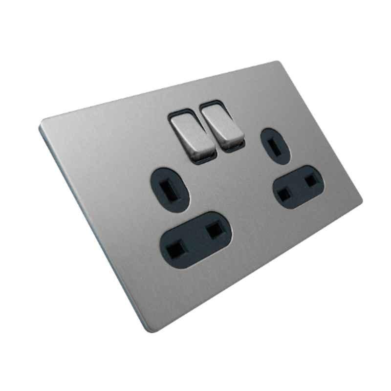 RR Vivan Metallic 13A Brushed Stainless Steel Twin Outlet Switched Socket with Black Insert, VN6662M-B-BSS