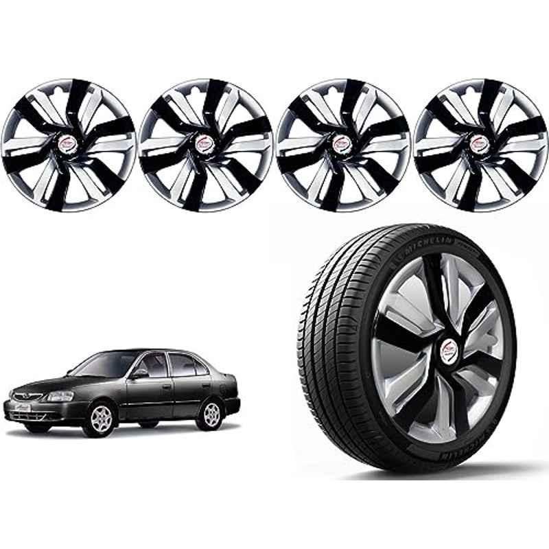 Auto Pearl 4 Pcs 14 inch Polypropylene Black & Silver Press Type Car Wheel Cover Set with Retention Ring for Hyundai Accent, 14WC_Idtec_Rev_Accent