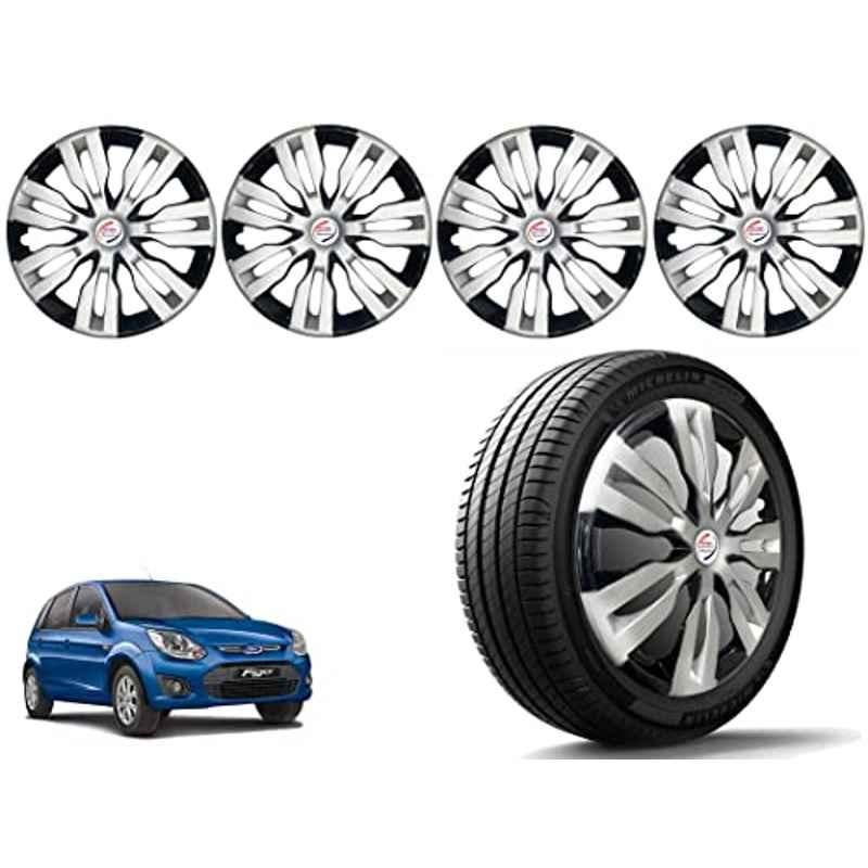 Auto Pearl 4 Pcs 14 inch Polypropylene Silver & Black Press Type Car Wheel Cover Set with Retention Ring for Ford Figo T2 2012-2014
