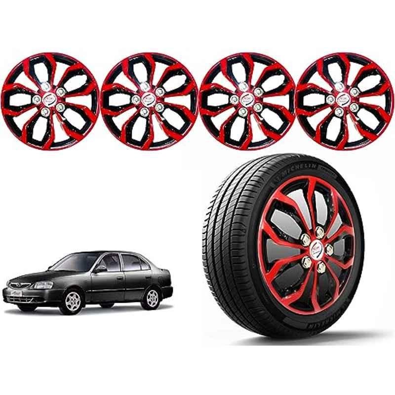 Auto Pearl 4 Pcs 14 inch Polypropylene Red & Black Press Type Car Wheel Cover Set with Retention Ring for Hyundai Accent