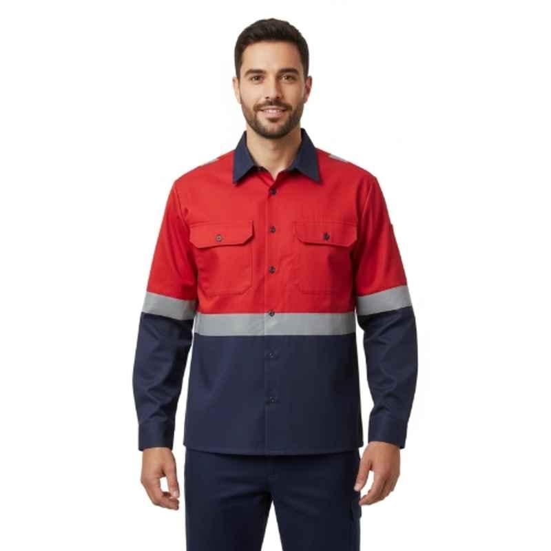 Atacama Buzzard Poly Cotton Blend Twill Red & Navy Industrial Work Shirt with Reflective Strip, AWS001RN, Size: 2XL