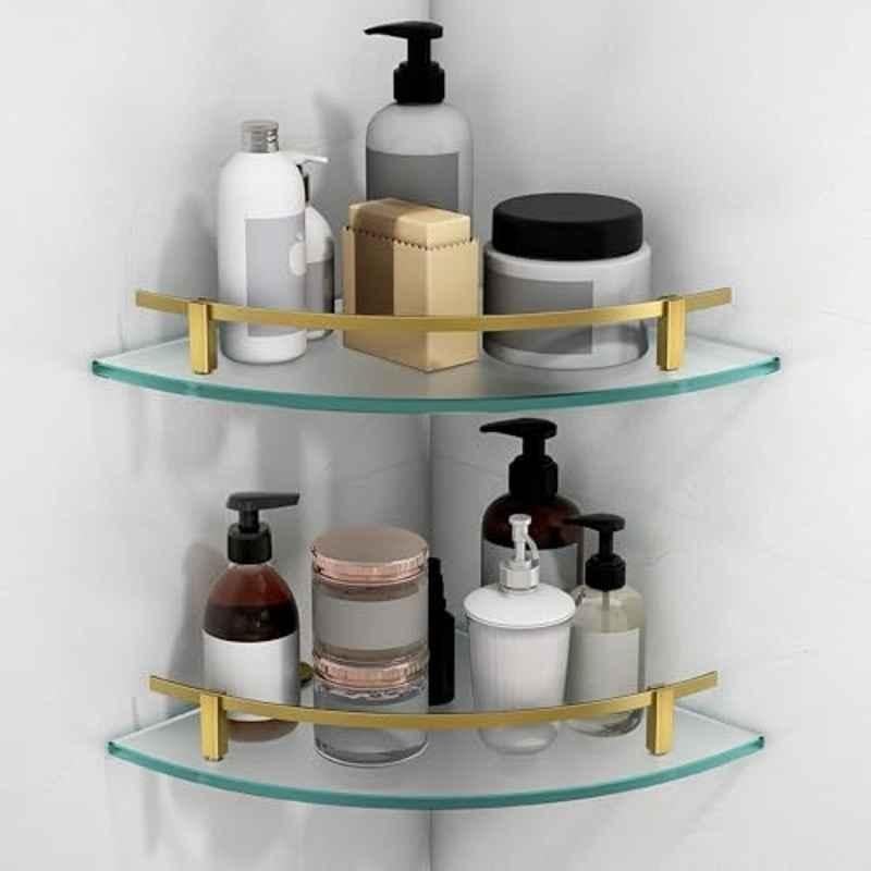 Plantex 9x9 inch Frosted Bathroom Side Corner Glass Shelf/Kitchen Glass Corner Shelf/Living Room Wall Mount Shelf with Brass Antique Railings and Brackets (Pack of 2)