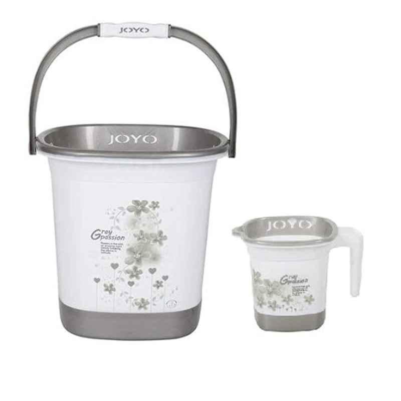 Joyo Deluxe 2 Pcs 18L Square Plastic Grey Bucket & 1100ml Matching Mug Set with Free Lasaani 1000ml Water Bottle
