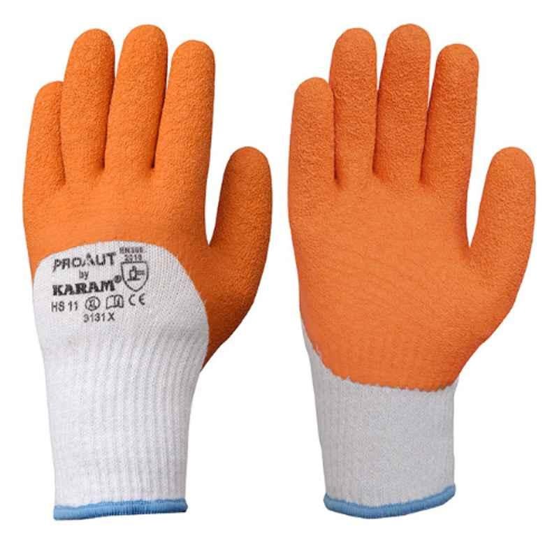 Karam HS11 White Polyester Liner 2 Yarn Gloves with Orange Crinkle Latex, Size: L