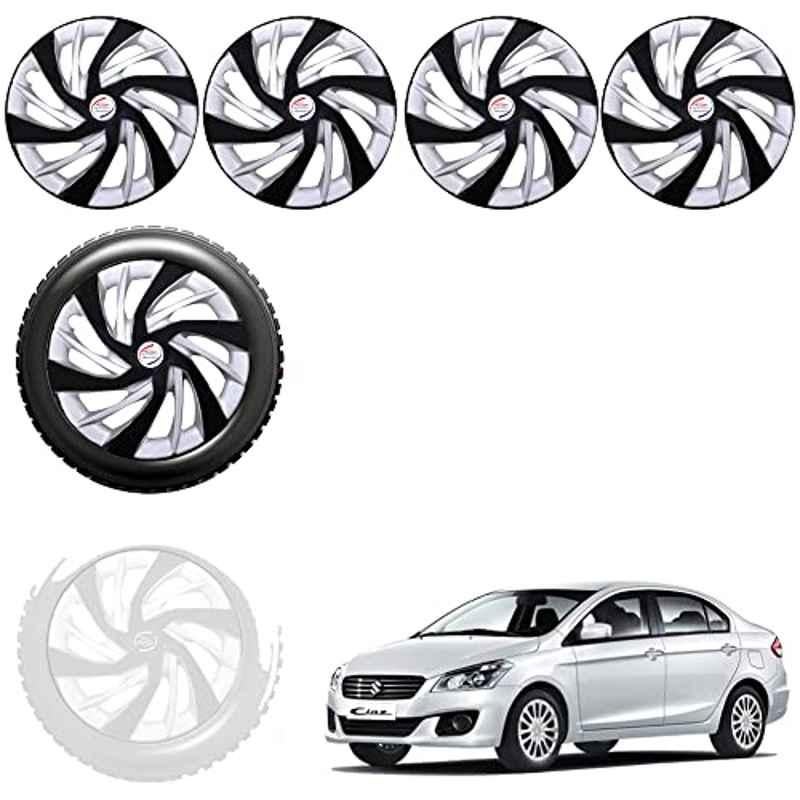Auto Pearl 4 Pcs 15 inch Black & Silver ABS Press Type Hubcap Wheel Cover Set with Retention Ring for Maruti Suzuki Ciaz