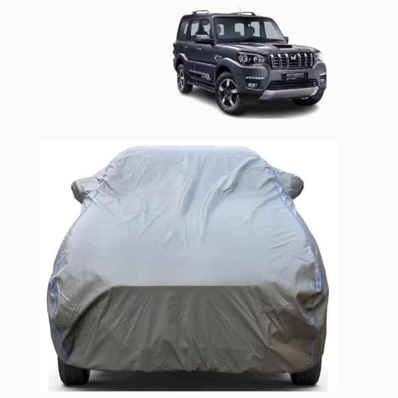 Aarex Auto Polyester Grey 100% Waterproof Car Body Cover with Mirror Pocket, Triple Stitch & All-Weather Protection for Mahindra Scorpio 2015-2025 Model
