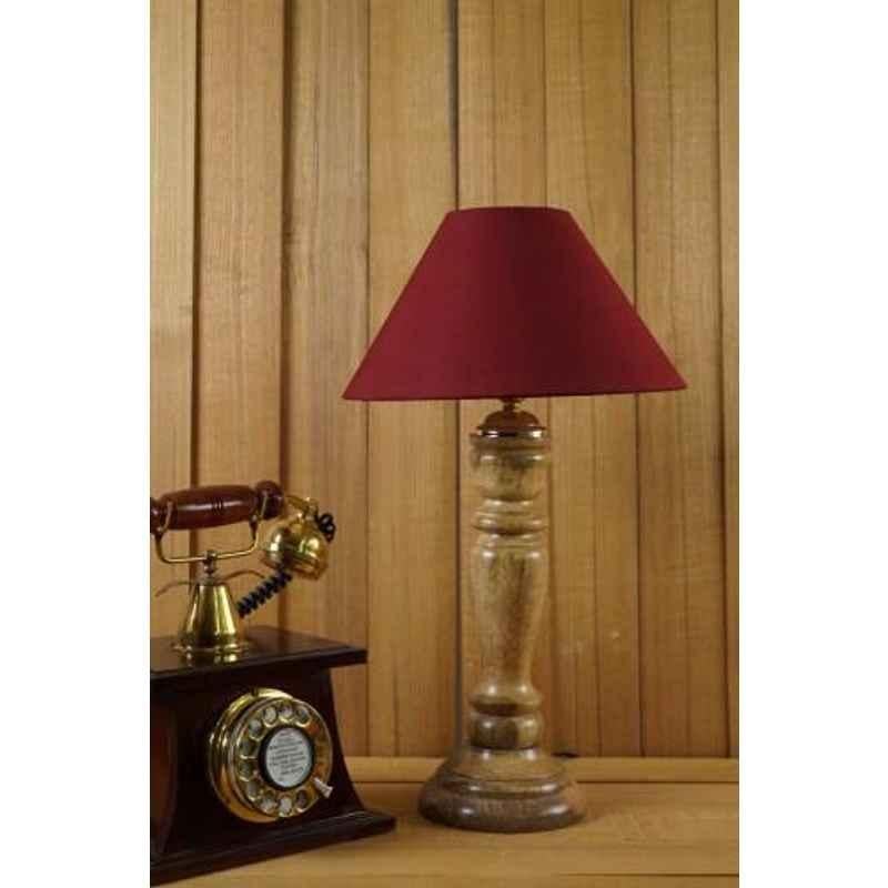 Tucasa Mango Wood Royal Brown Table Lamp with 10 inch Polycotton Maroon Pyramid Shade, WL-224
